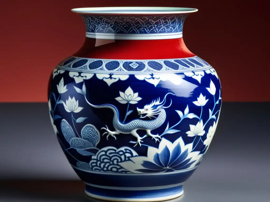 Exquisito jarrón de porcelana de la dinastía Ming con motivos asiáticos sobre seda roja, destacando la influencia asiática en cerámica europea