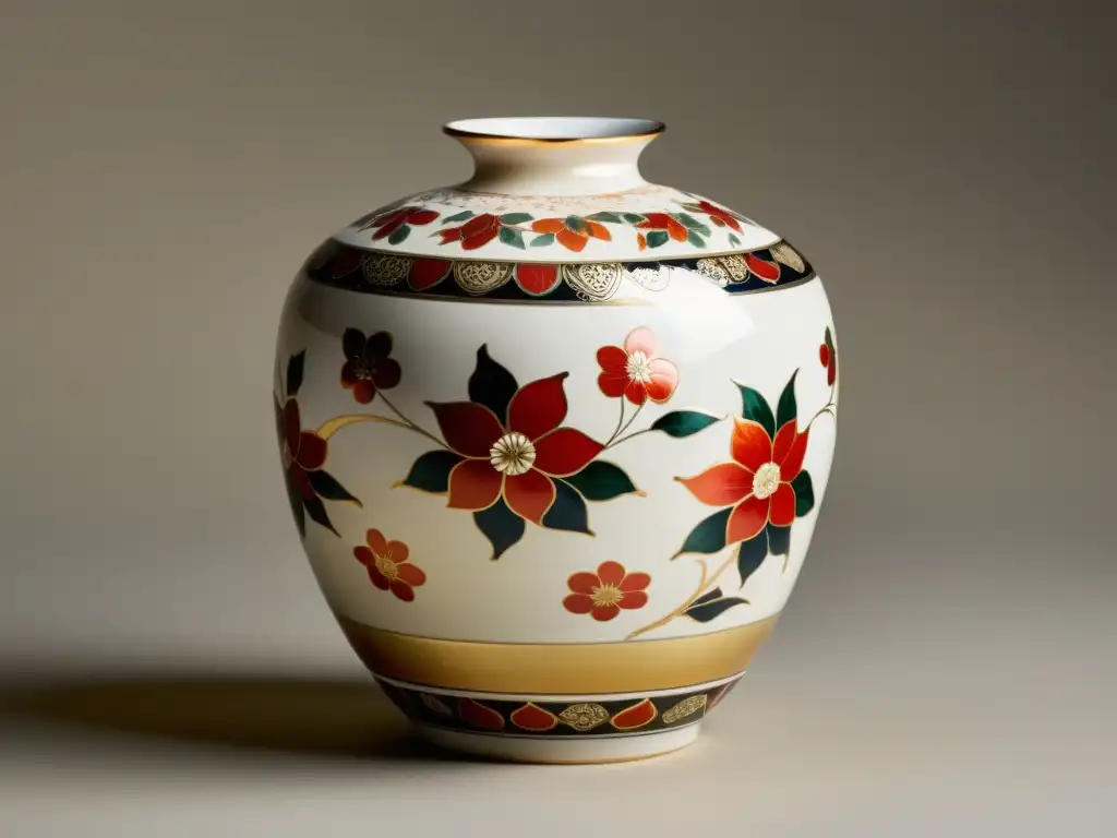 Un exquisito jarrón de Satsuma Ware, con detallados patrones florales dorados y rojos sobre un fondo blanco crema