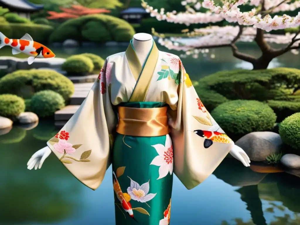 Un exquisito kimono japonés bordado con patrones florales vibrantes y detalles en hilo de oro, en un sereno jardín japonés con cerezos en flor y un apacible estanque de peces koi