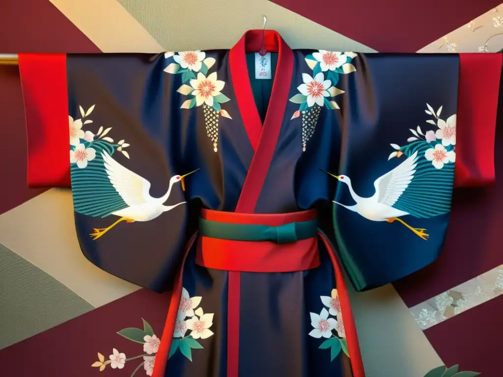 Kimono japonés: Arte tradicional con patrones exquisitos Exquisito kimono japonés con patrones tradicionales de arte: cerezos, grullas y diseños geométricos en colores ricos y profundos