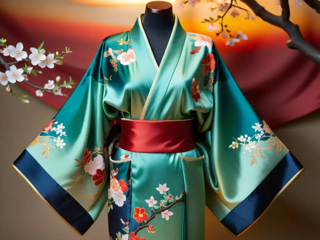 Exquisito kimono de seda vintage con patrones orientales, colores profundos y bordados delicados, evocando lujo y sofisticación