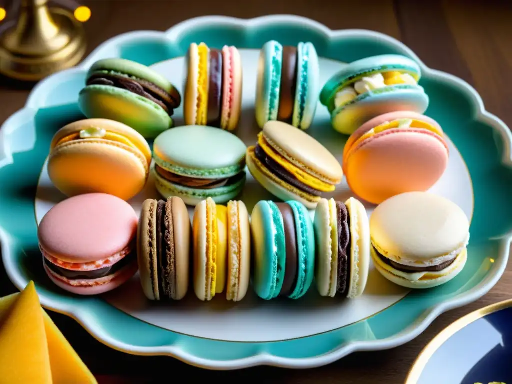 Un exquisito mosaico comestible de repostería europea, con macarons, éclairs y pasteles delicadamente decorados en una clásica bandeja de porcelana, iluminados con calidez y elegancia