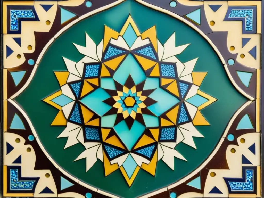 Un exquisito mosaico islámico vintage con patrones geométricos en el Eid alFitr, deslumbrante en tonos terrosos y diseño hipnótico