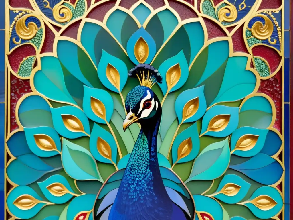 Un exquisito mosaico árabe muestra la majestuosidad de un pavo real en un jardín, con ricos colores y simbolismo