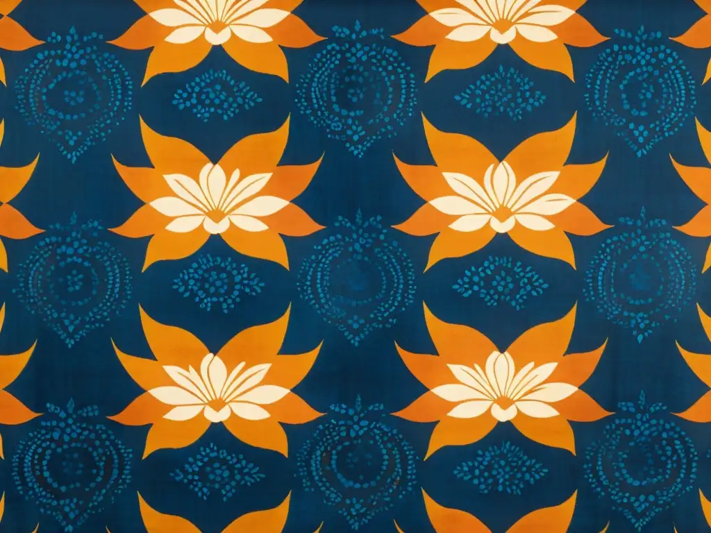 Batik vintage con patrón floral indonesio en tonos ricos Un exquisito patrón batik indonesio en tonos índigo, terracota y oro, evocando historia y arte del mercado