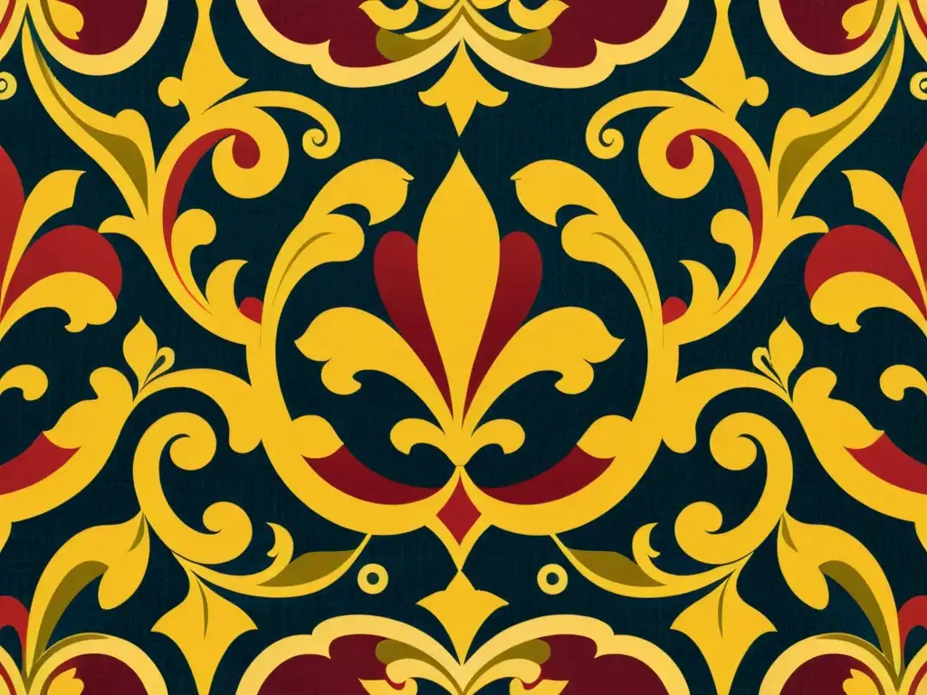 Un exquisito patrón textil barroco con ricos colores y detalles dorados, evocando opulencia y lujo