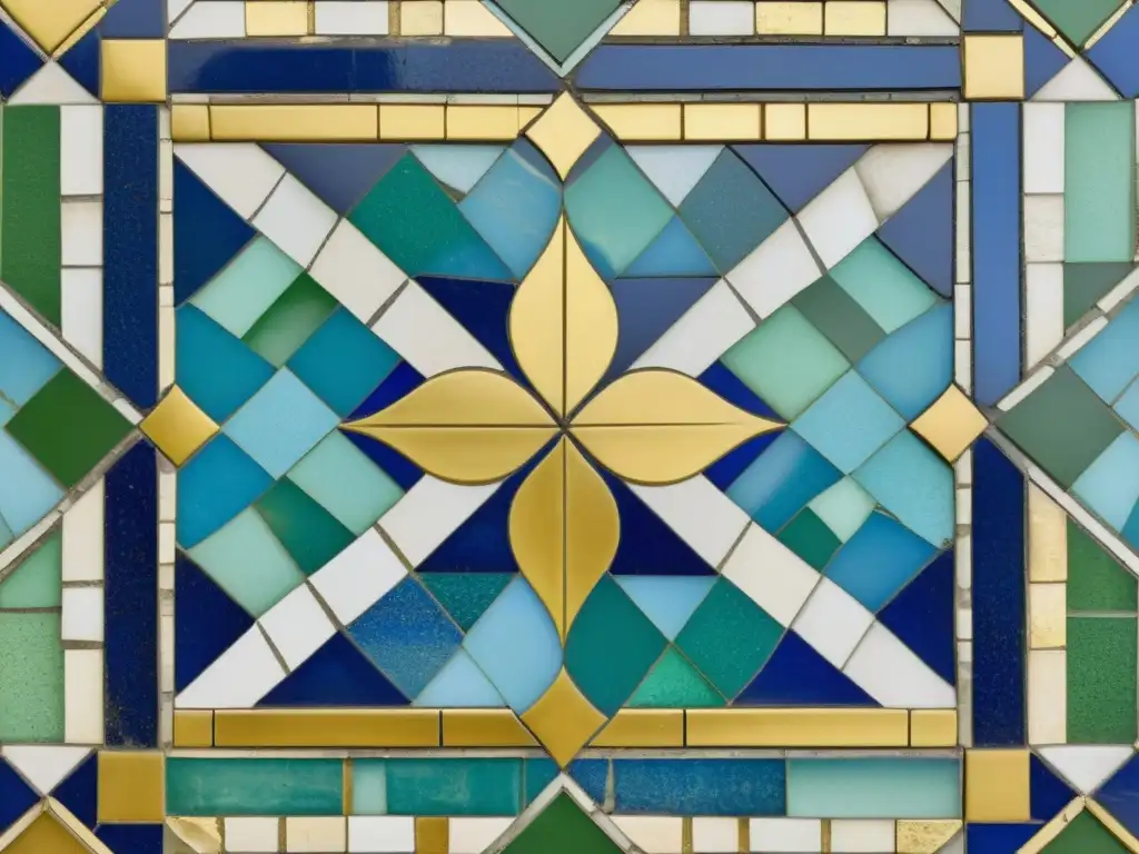 Exquisito suelo de mosaico veneciano vintage con patrones y diseños culturales de Venecia, en tonos azules, verdes y dorados