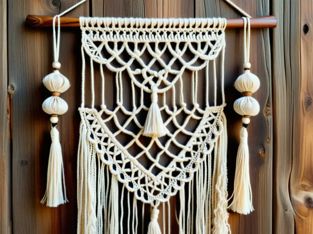 Un exquisito tapiz de macramé vintage con detalles intrincados y elegantes