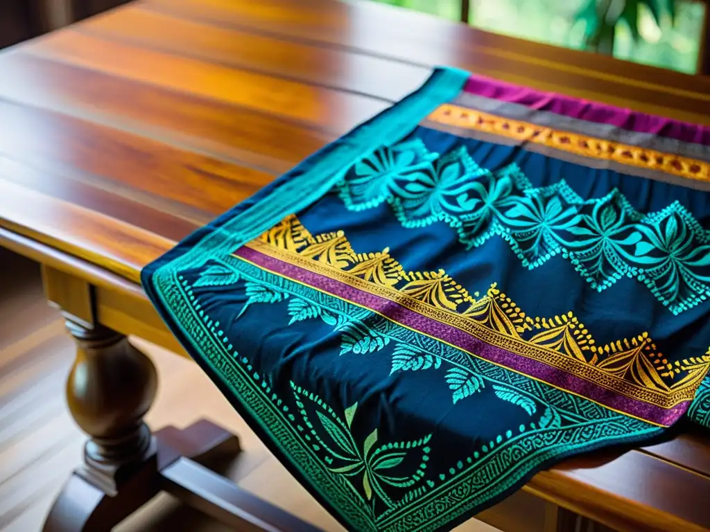 Un exquisito textil batik indonesio, con colores vibrantes y detalles finos, iluminado por luz natural, evocando el taller teñido batik Indonesia