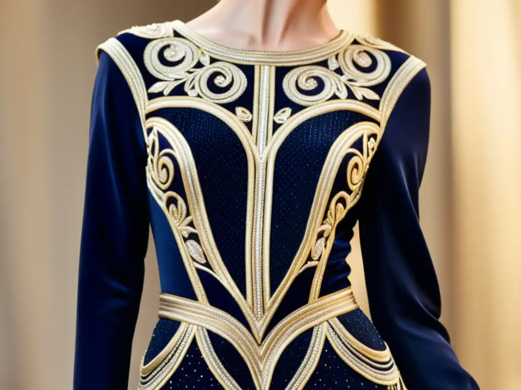 Un exquisito vestido de alta costura vintage con intrincados bordados metálicos en oro y plata sobre una tela azul marino profundo