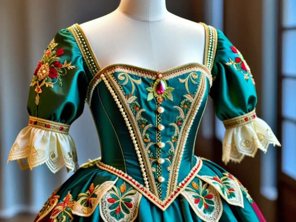 Un exquisito vestido renacentista con patrones y adornos elaborados, capturando la opulencia y el arte de los atuendos renacentistas análisis