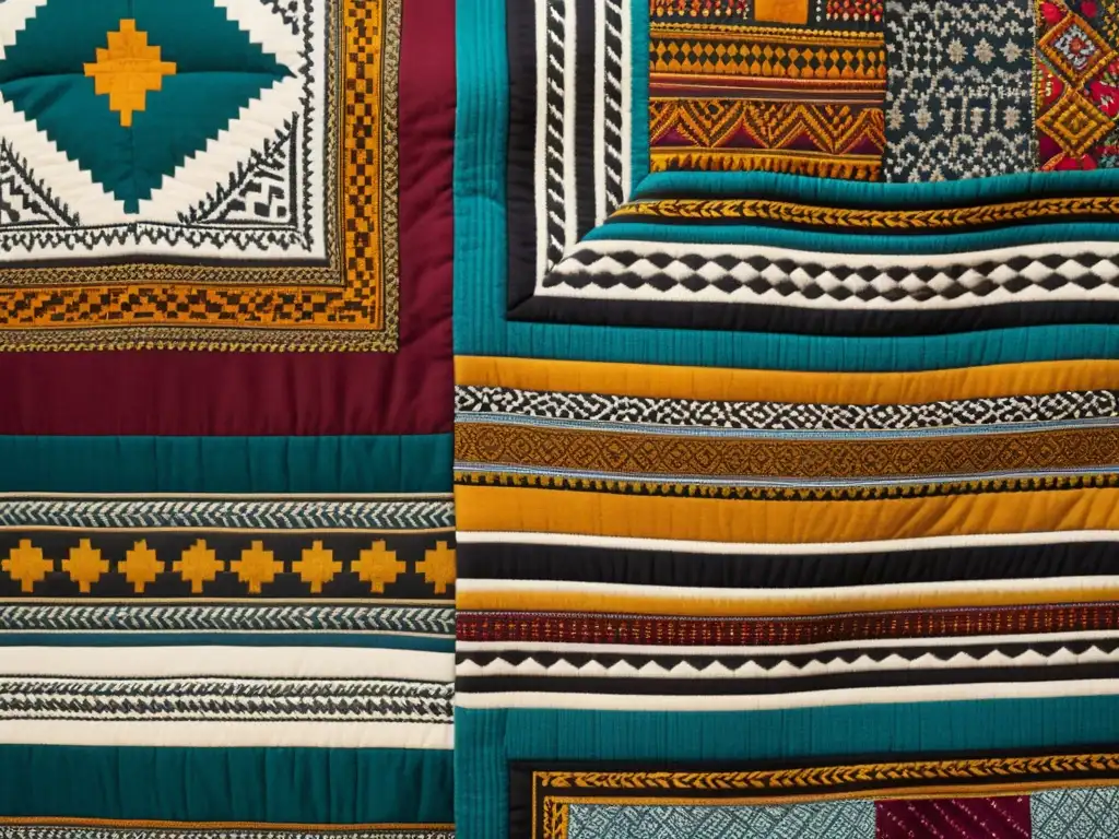 Manta artesanal de patchwork con motivos étnicos y colores vibrantes Un extraordinario patchwork de patrones artísticos de diversas culturas en Festival Houston, exquisitamente detallado y lleno de historia