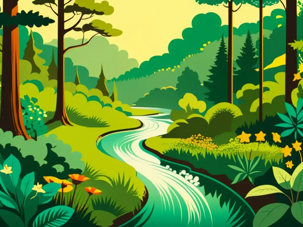 Bosque exuberante: ilustración vintage de la naturaleza Ilustración vintage de un exuberante bosque, con detalles de plantas, flores y vida silvestre