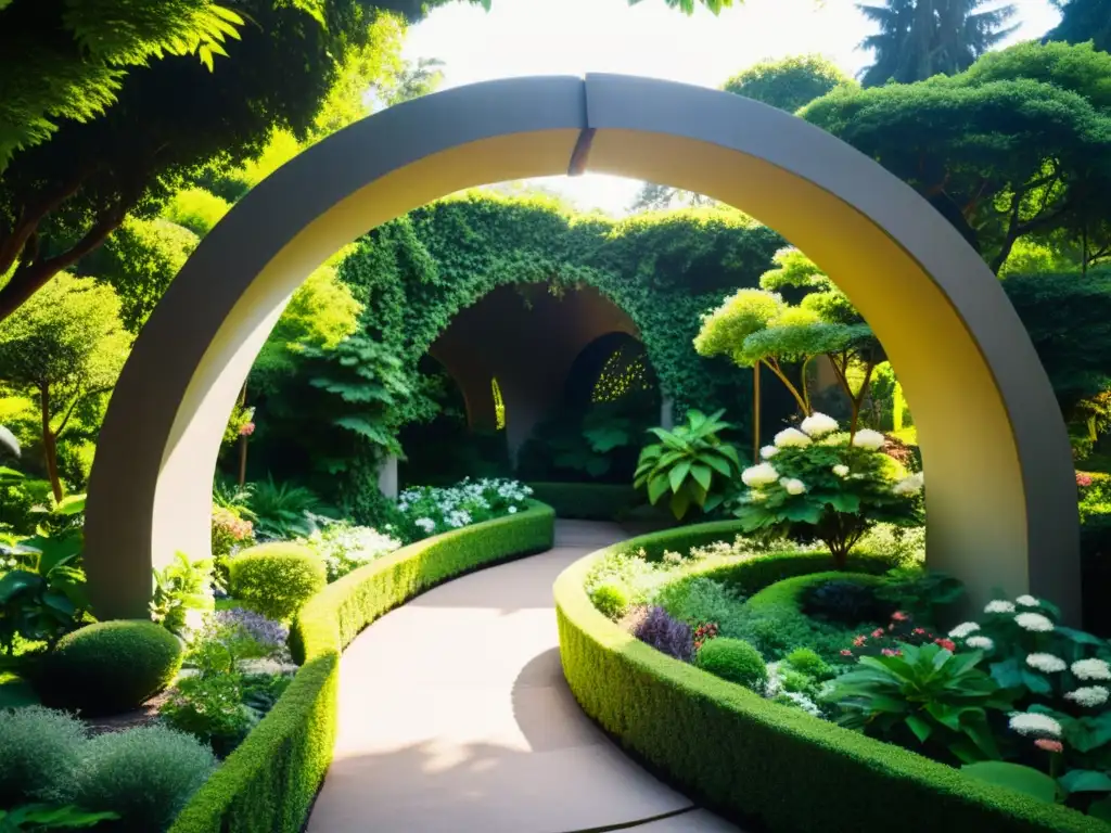 Jardín botánico de ensueño: belleza natural y armonía orgánica Un jardín botánico exuberante con caminos serpenteantes rodeados de patrones orgánicos en arquitectura biofílica, lleno de vida natural y luz suave