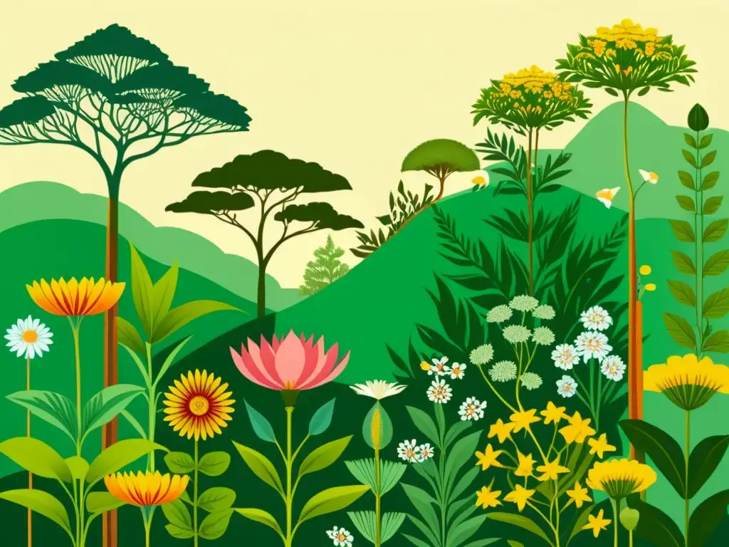 Una ilustración botánica vintage exuberante que muestra un ecosistema próspero, resaltando la diversidad de especies de plantas y sus intrincados sistemas de raíces, con flores delicadas creando armonía