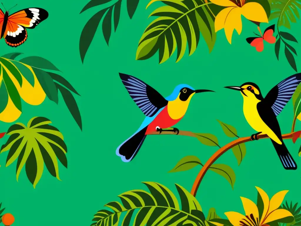 Ilustración vintage de exuberante flora y fauna en la selva latinoamericana, con patrones artísticos y paleta cálida