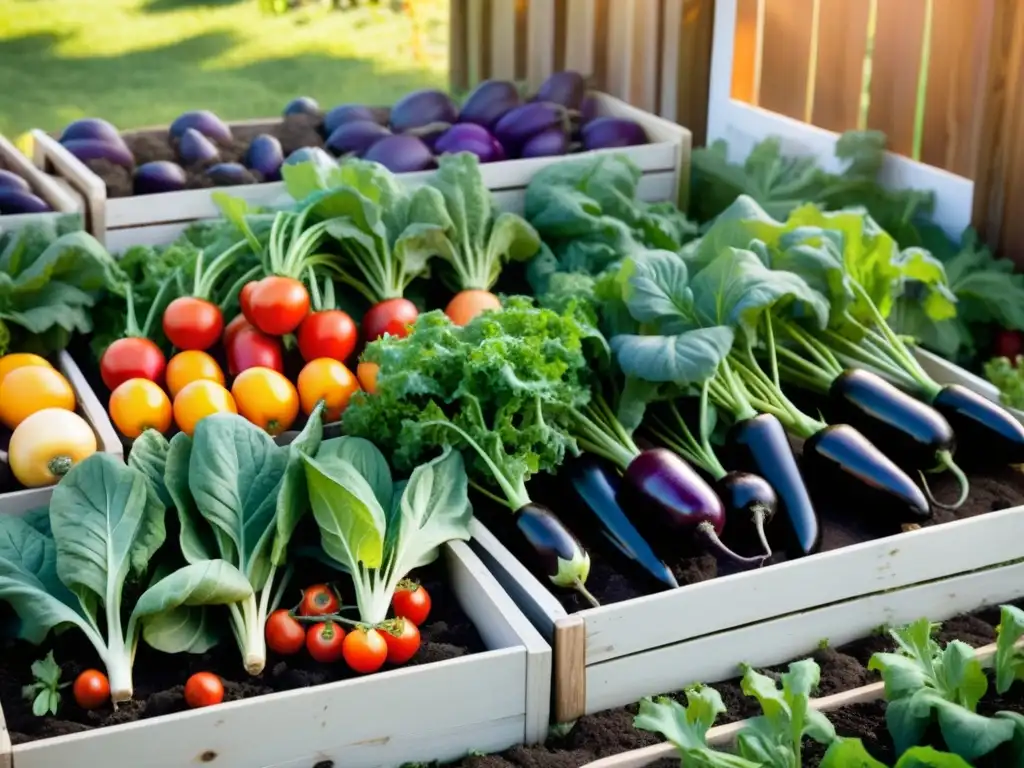 Un jardín exuberante con hortalizas coloridas, como tomates rojos, lechuga verde, zanahorias anaranjadas y berenjenas moradas