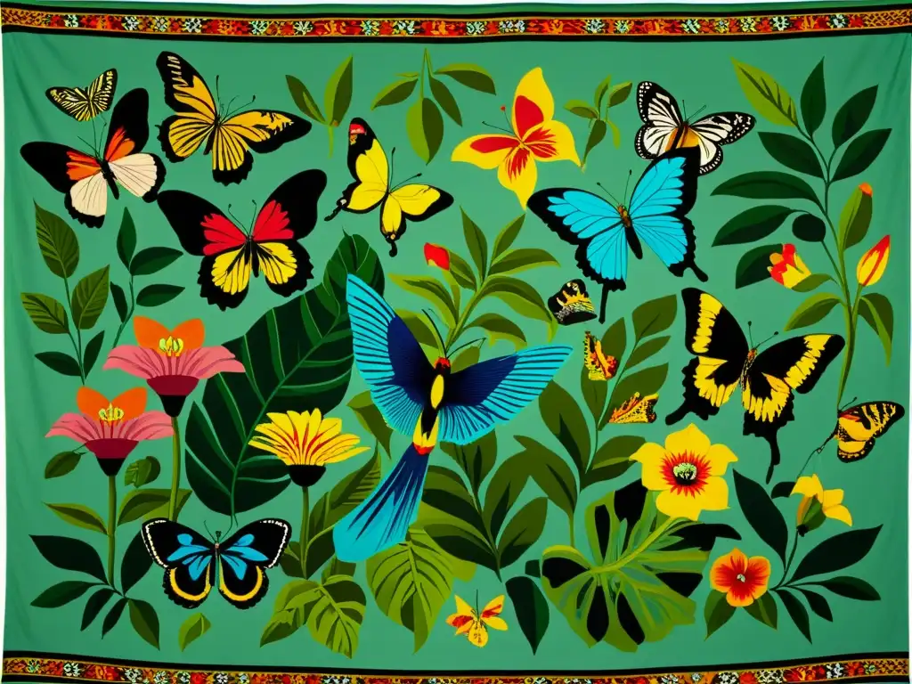 Una exuberante tapicería de estilo vintage con patrones artísticos inspirados en la flora y fauna de Latinoamérica