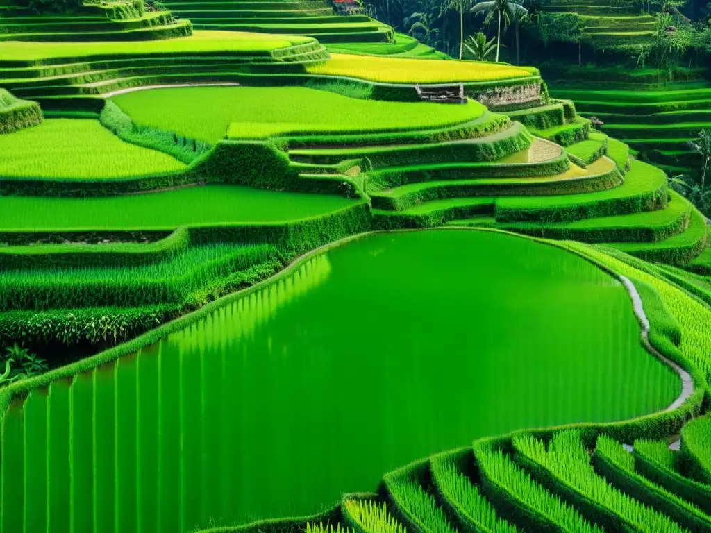 Una fotografía vintage de alta resolución de los exuberantes campos de arroz en Bali, con patrones artísticos en los terrazas verdes, evocando la belleza atemporal de la naturaleza