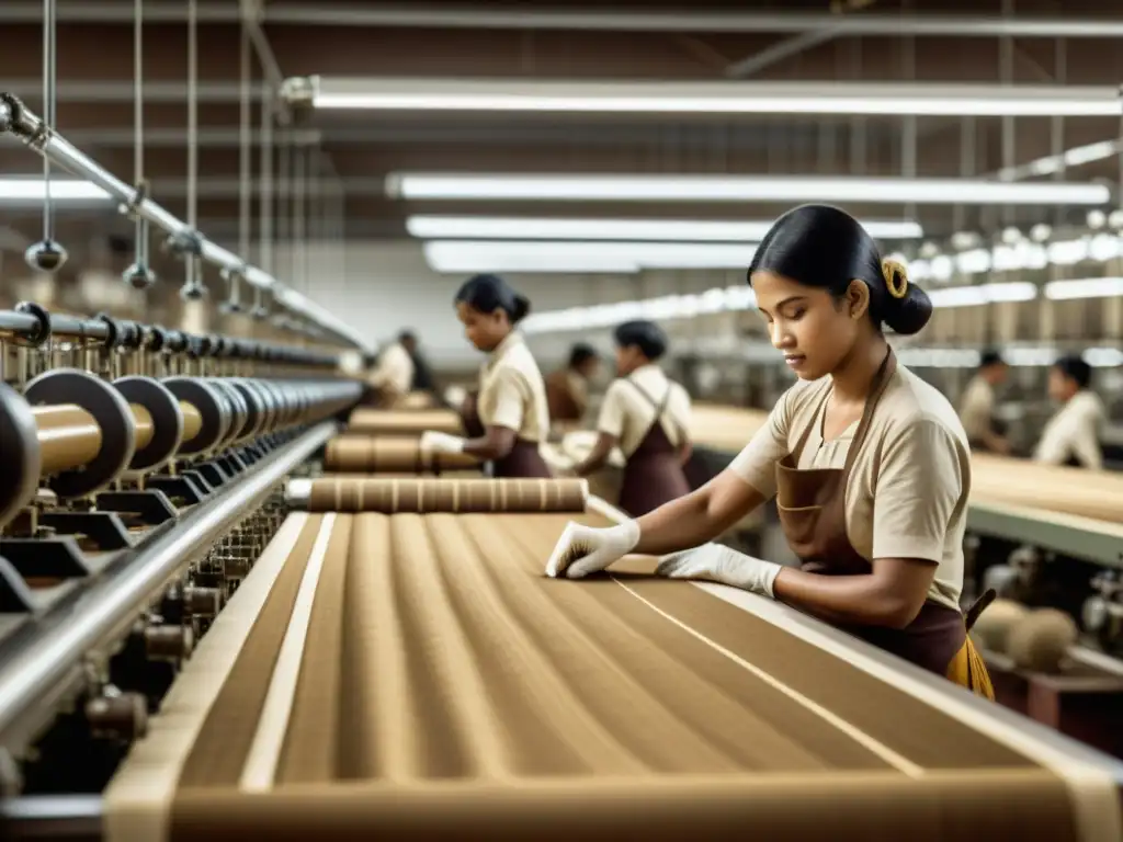 Una fábrica textil bulliciosa, donde los trabajadores crean patrones con maquinaria tradicional