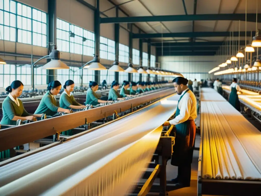 En una fábrica textil vintage, los trabajadores atienden a antiguos telares mientras la luz del sol ilumina el lugar