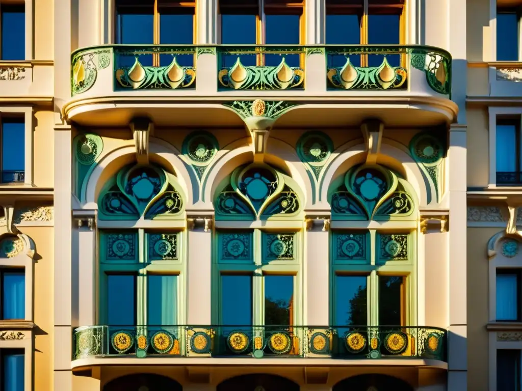 Una fachada de edificio de estilo art nouveau, con intrincados motivos florales, bañada por cálida luz solar