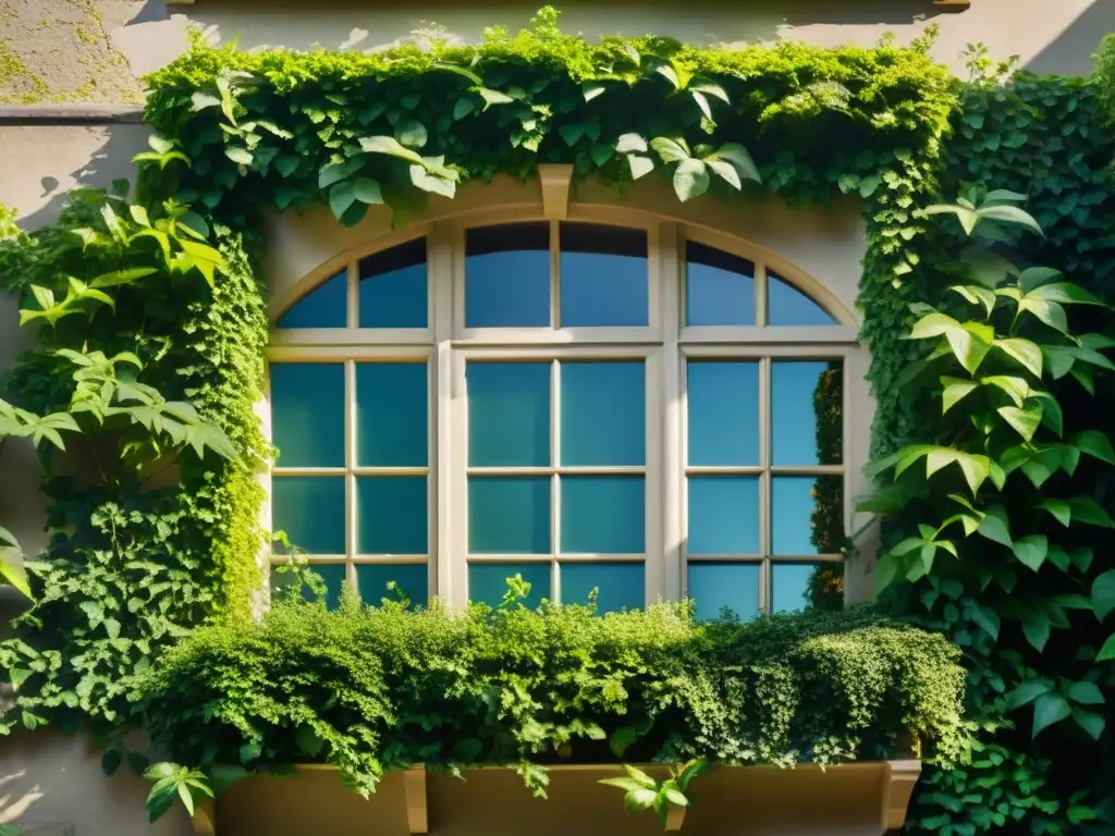 Una fachada verde exuberante, con plantas trepadoras vibrantes que proyectan sombras sobre los detalles arquitectónicos