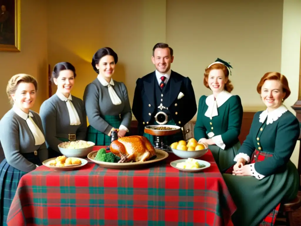 Una familia escocesa se reúne alrededor de una gran mesa a cuadros, disfrutando de platos tradicionales escoceses con música de gaita de fondo