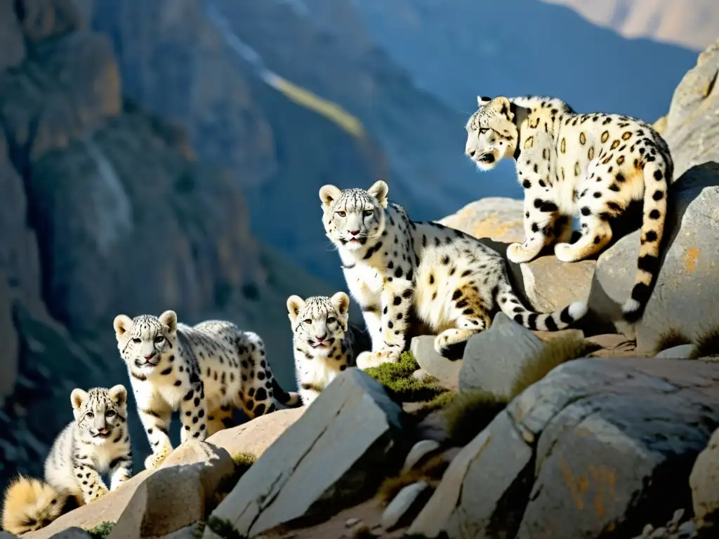 Una familia de leopardos de las nieves camuflados en las rocas