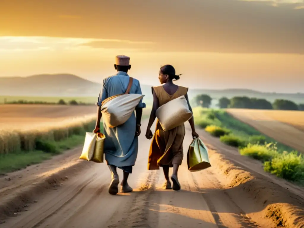 Una familia rural camina hacia la ciudad al atardecer, con el sol dorado iluminando los campos