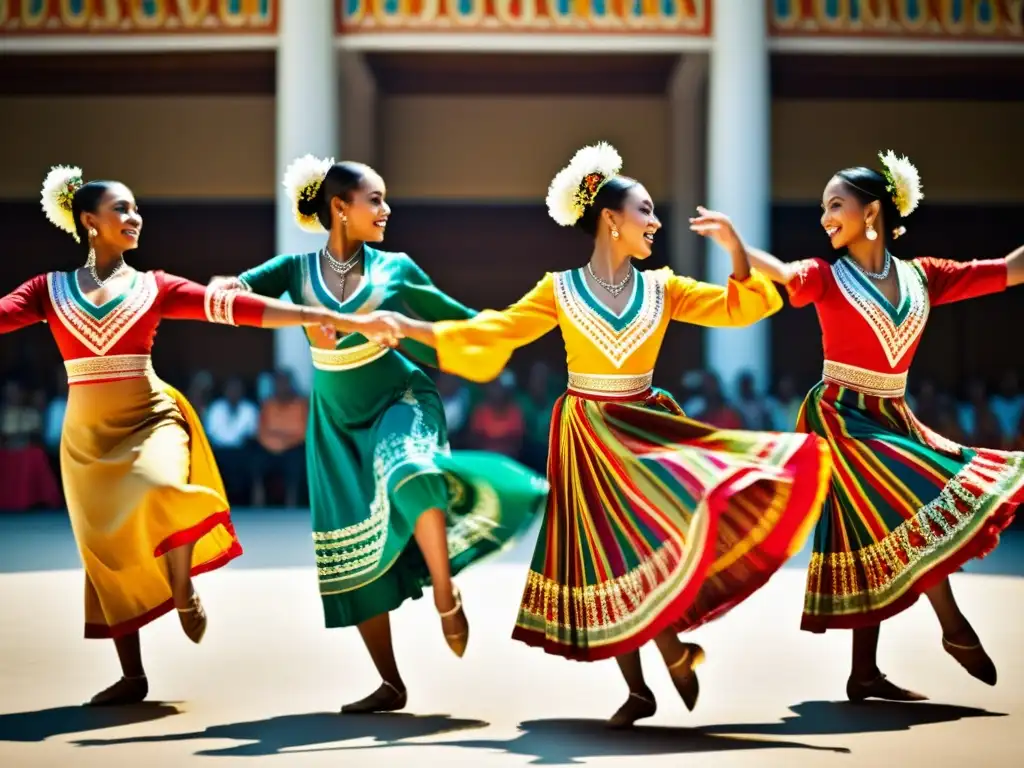 Un fascinante baile festivo con patrones artísticos en vibrantes trajes y poses dinámicas