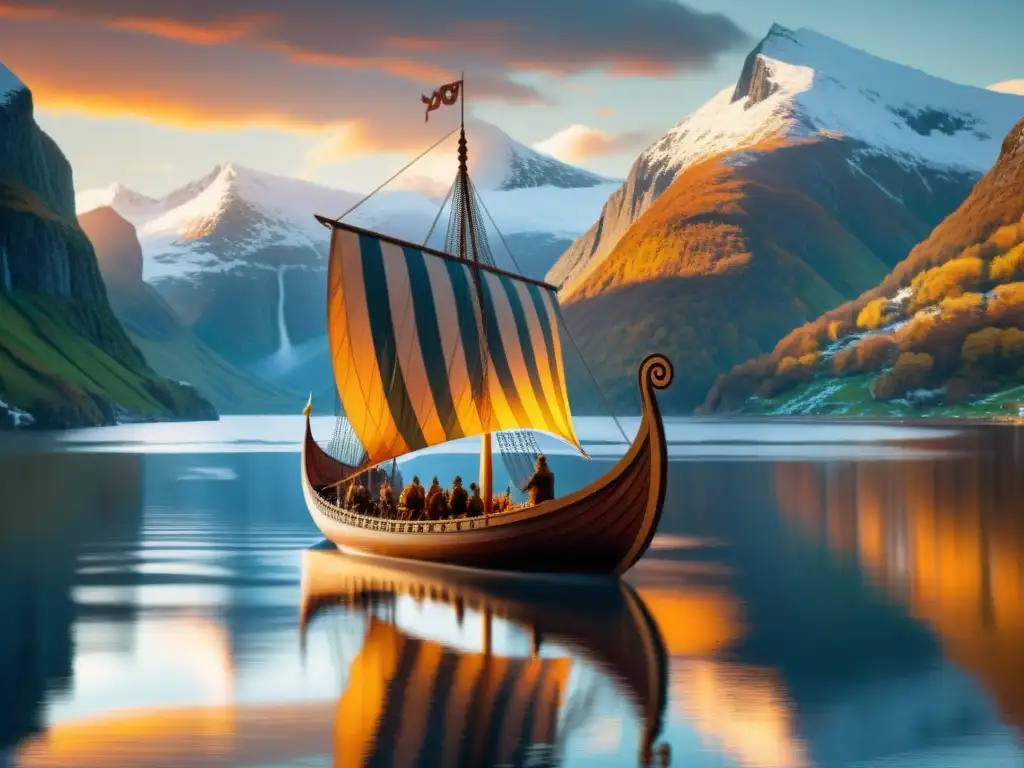 Un fascinante barco vikingo navega por un fiordo al atardecer, con montañas nevadas al fondo