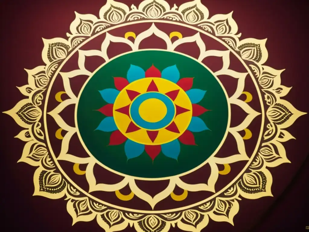 Un fascinante diseño de patrones culturales inspirados en una mandala tibetana vintage, iluminada por una cálida luz dorada