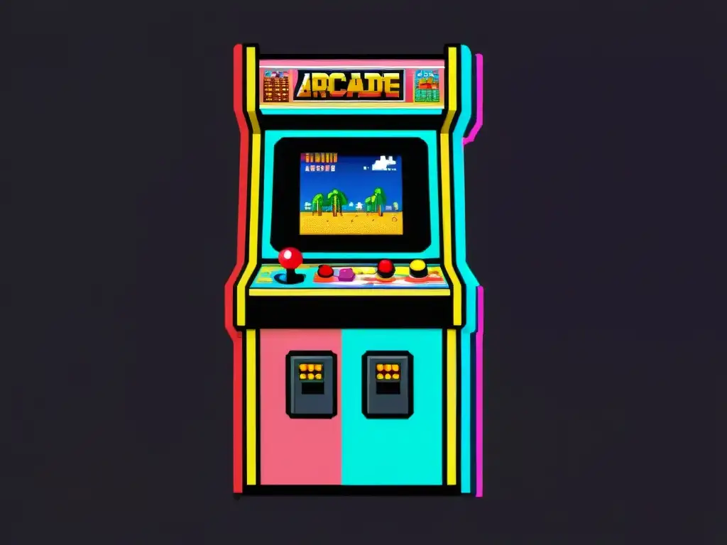 Una fascinante imagen de un gabinete arcade vintage con pixel art detallado en patrones retro, iluminado en vibrantes colores neón