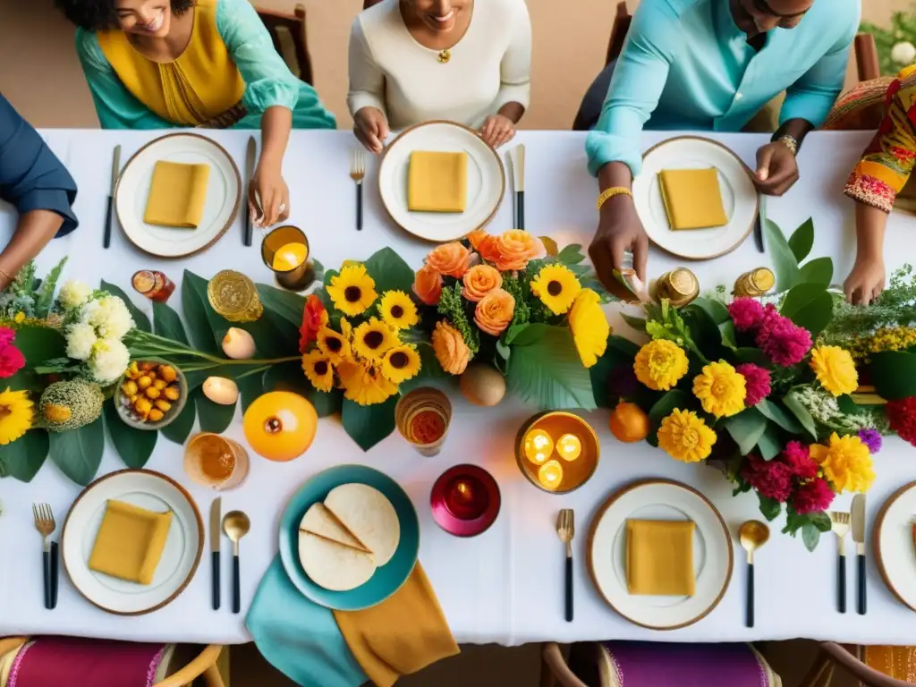 Un festín multicultural al atardecer, con comida, conversación y patrones culturales en campañas publicitarias