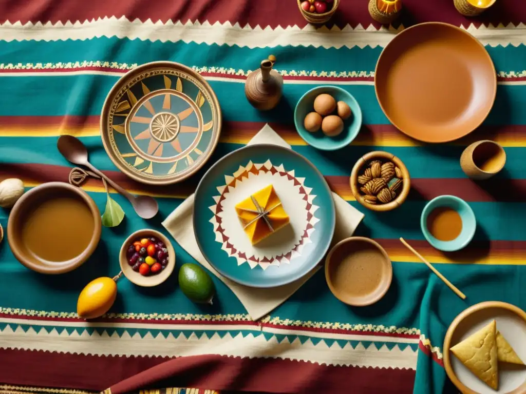 Una festín tradicional nativo americano en una manta con patrones ancestrales, evocando significado cultural y gastronomía nativo americana