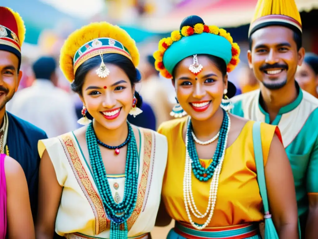 Una fotografía vintage de un festival cultural con patrones vibrantes y expresiones genuinas de alegría