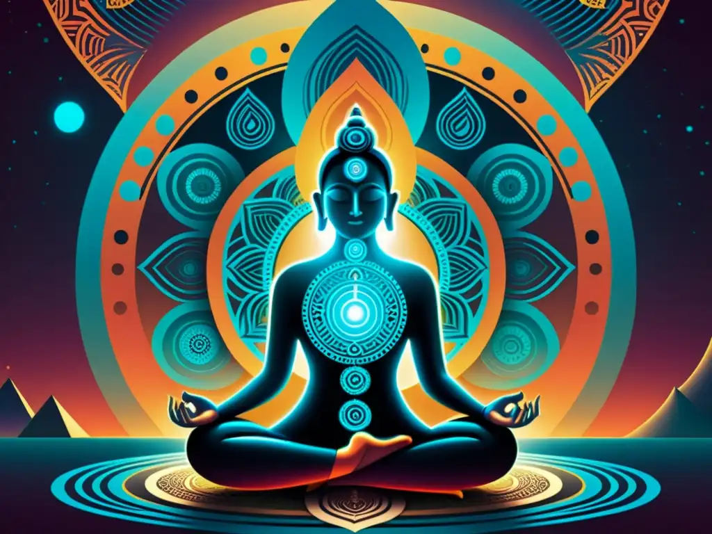 Figura meditativa en paisaje tecnológico, con patrones de meditación con IA