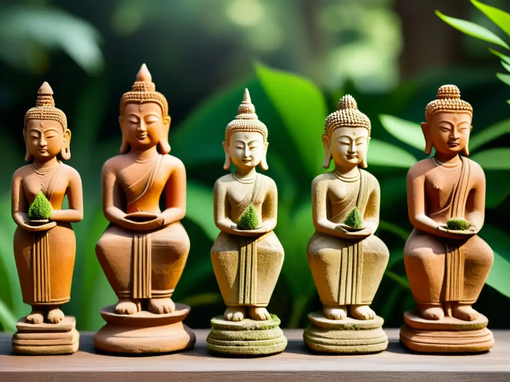 Figuras de terracota sudeste asiático: Antiguas estatuas de terracota con detalles erosionados, rodeadas de exuberante vegetación y luz solar filtrada