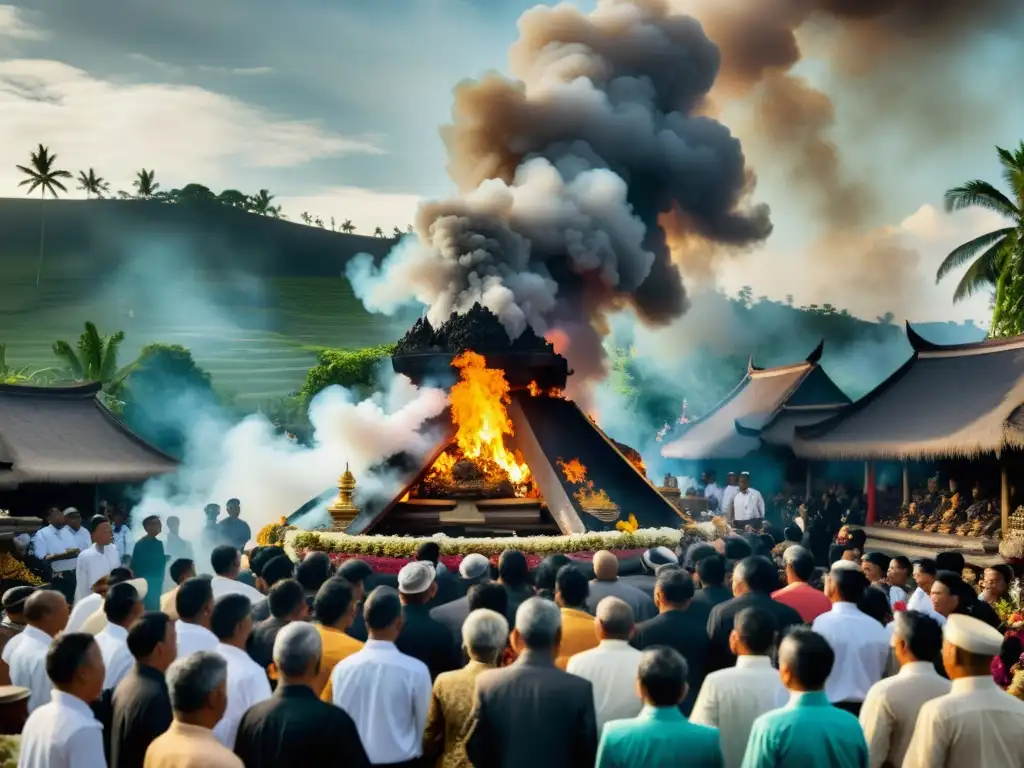 Foto en blanco y negro de una ceremonia de cremación balinesa, con patrones rituales de nacimiento y muerte en Bali