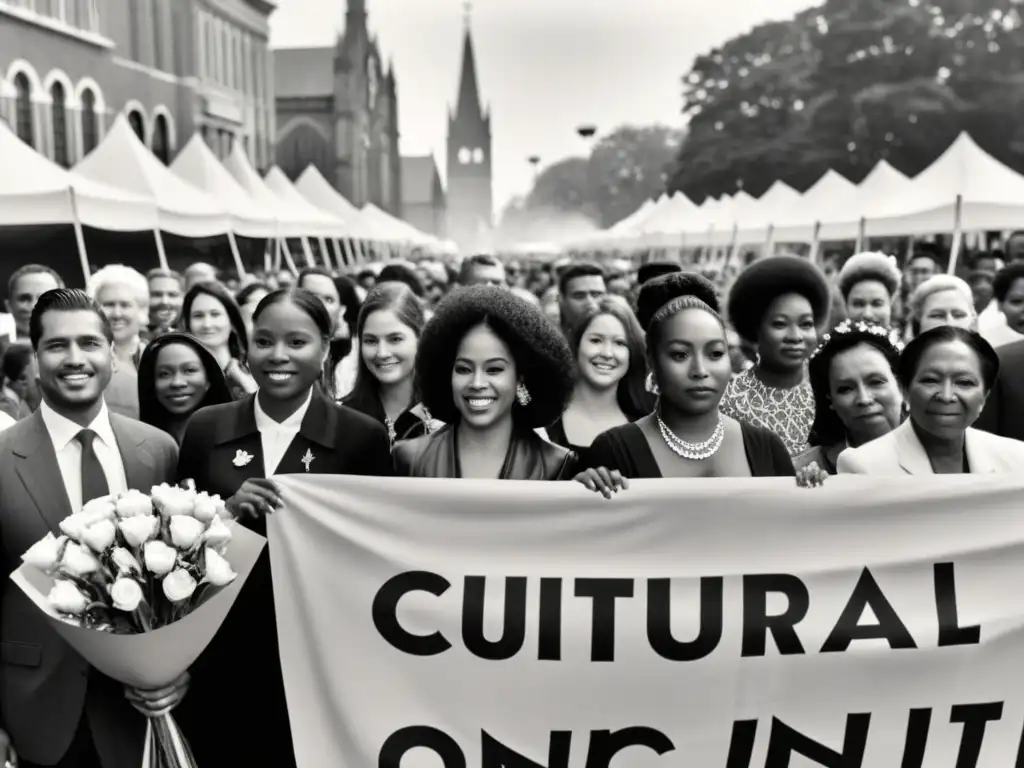 Foto en blanco y negro de un evento conmemorativo, donde personas de distintas culturas se reúnen con velas y mensajes de unidad