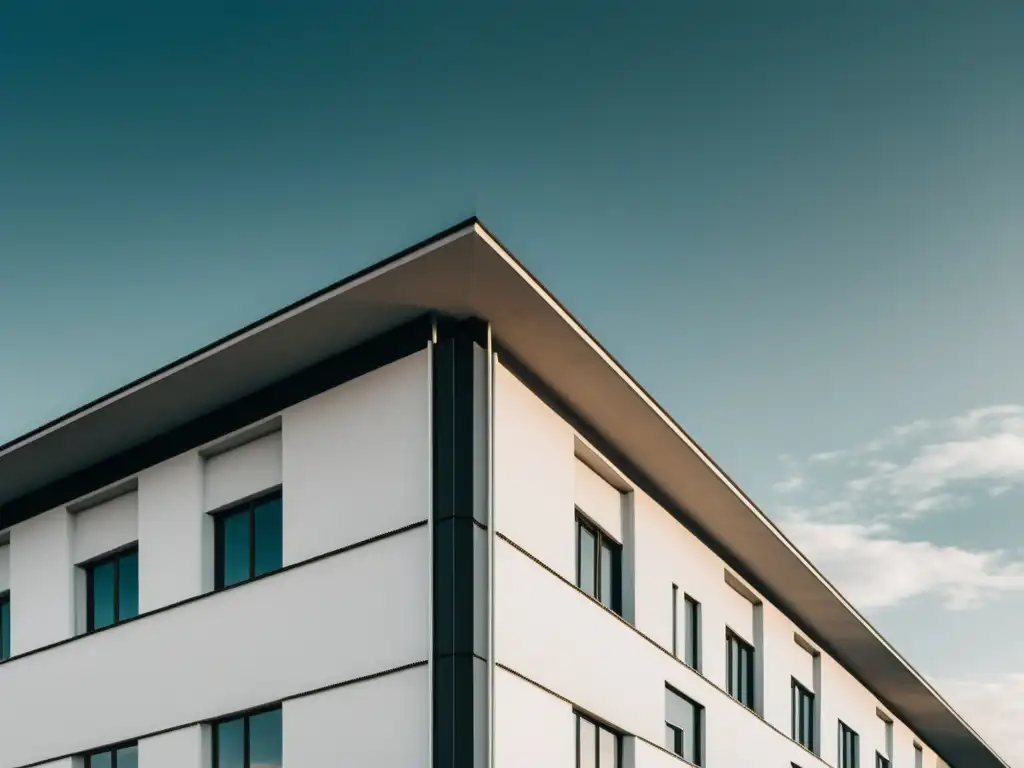 Foto en blanco y negro del icónico edificio Bauhaus en Dessau, Alemania, resaltando su diseño minimalista y funcional