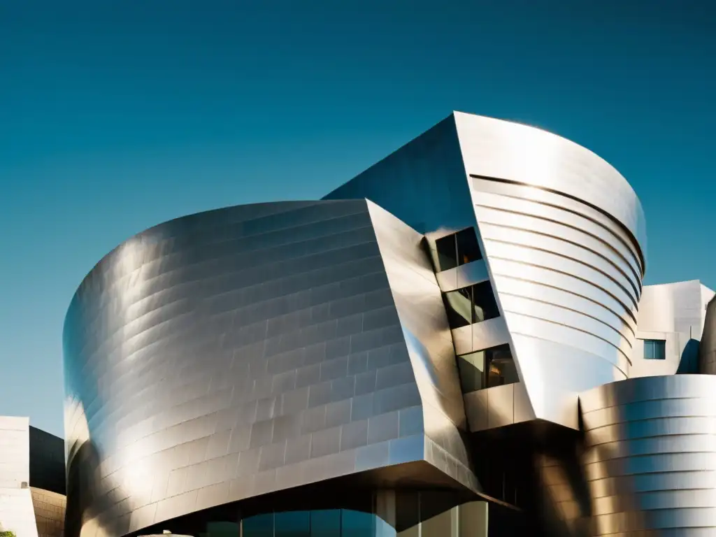 Foto en blanco y negro del Museo Guggenheim en Bilbao, España, mostrando los patrones arquitectónicos de Frank Gehry