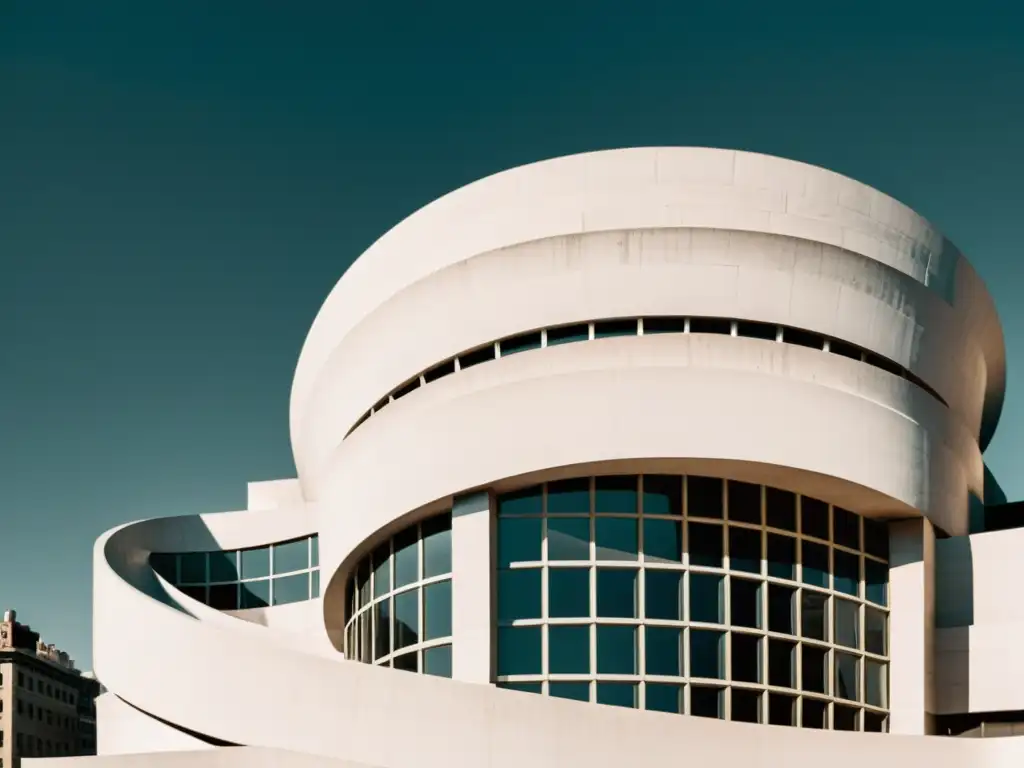 Foto en blanco y negro del Museo Guggenheim en Nueva York, destacando la arquitectura en espiral y los patrones dinámicos en la fachada