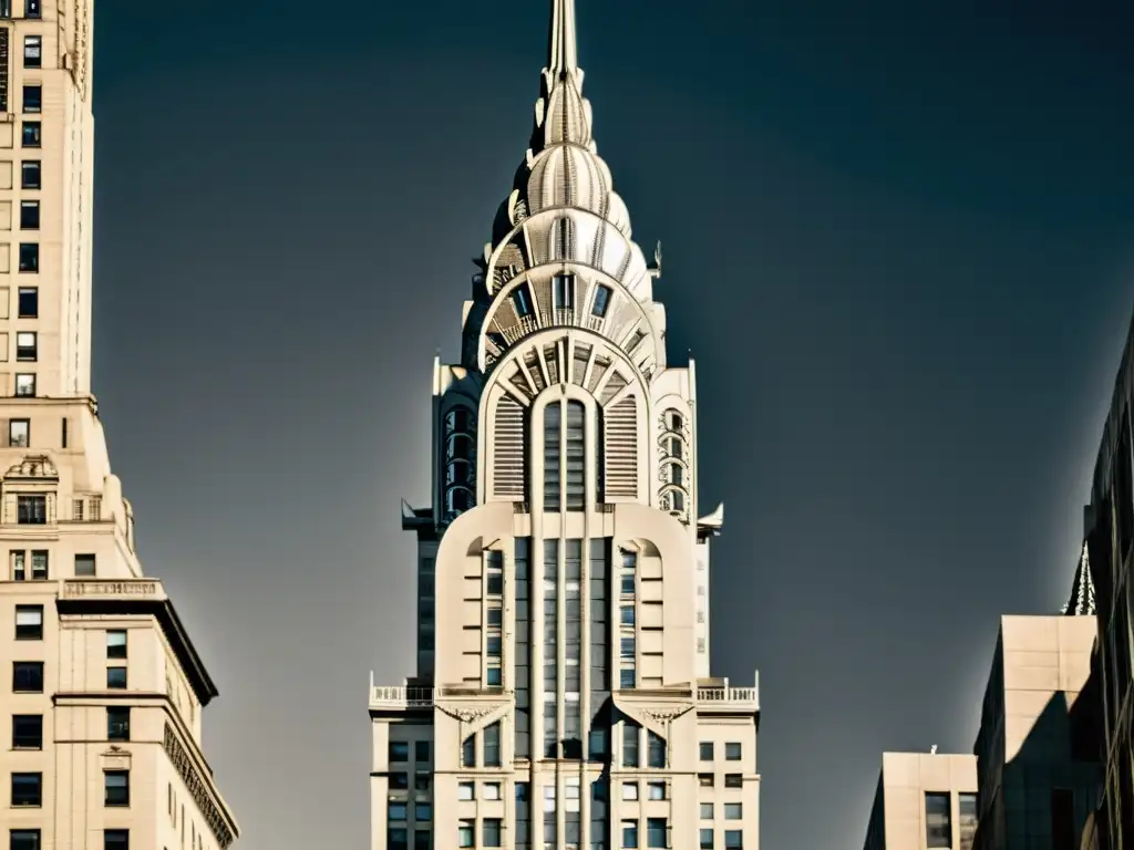 Foto en blanco y negro del icónico Chrysler Building en Nueva York, destacando patrones lineales y detalles art déco