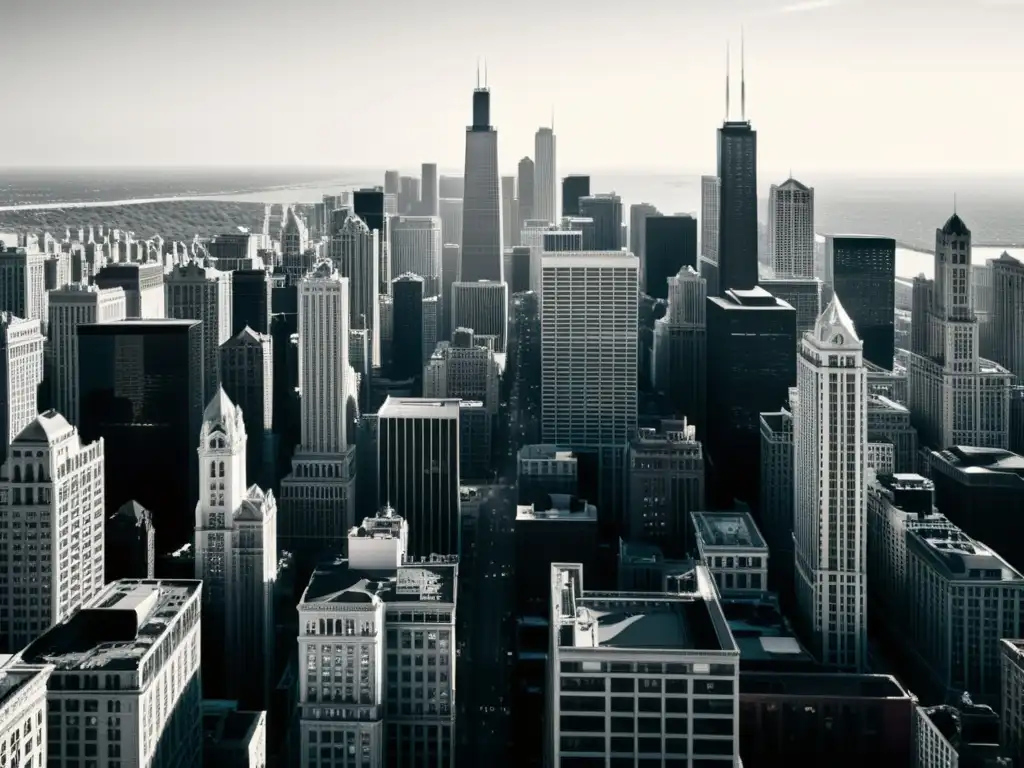 Foto en blanco y negro del skyline de Chicago, resaltando la diversidad de patrones arquitectónicos y la vibrante cultura urbana de la ciudad