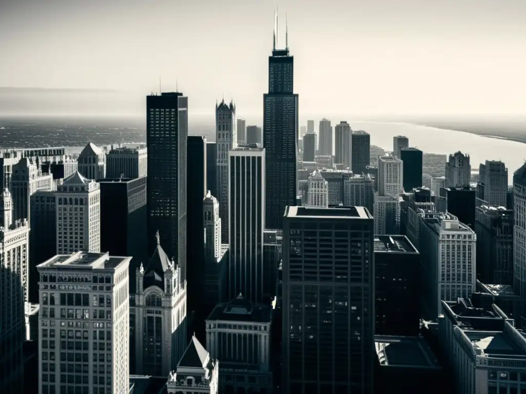 Foto en blanco y negro del skyline de Chicago, mostrando la diversidad de patrones arquitectónicos y su rica herencia cultural