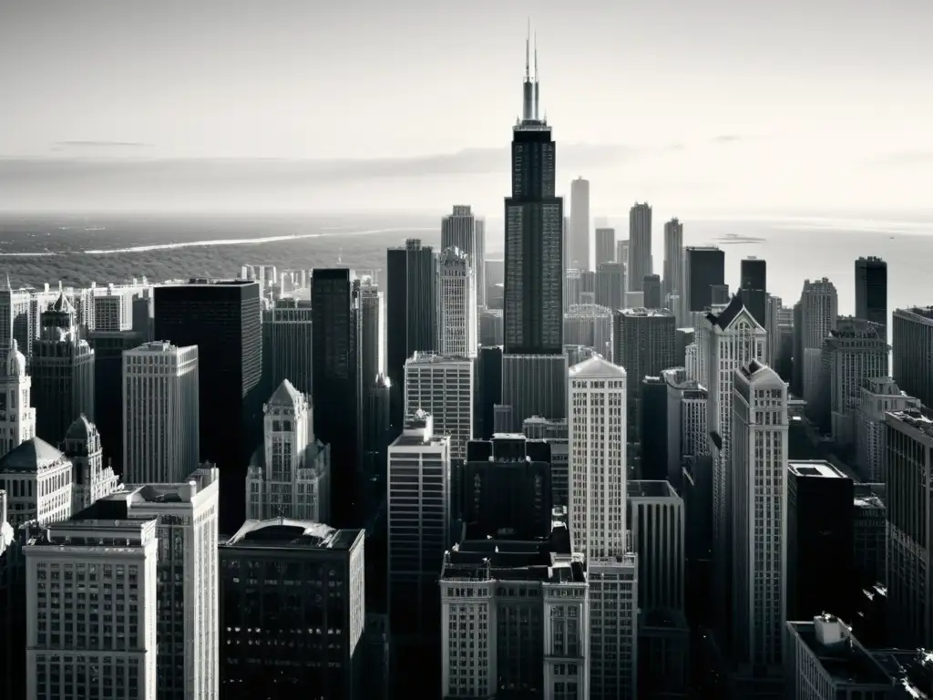 Foto en blanco y negro del skyline de Chicago, mostrando la diversidad de patrones arquitectónicos y la rica influencia cultural en la ciudad