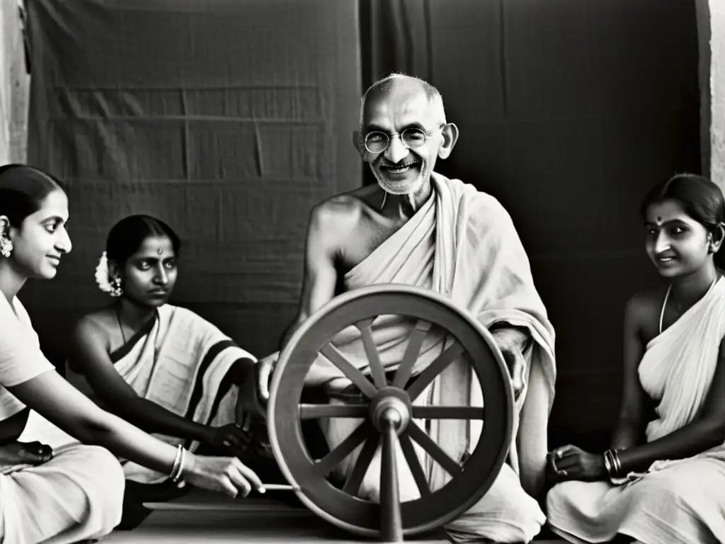 Foto en blanco y negro de Gandhi hilando tela khadi con mujeres