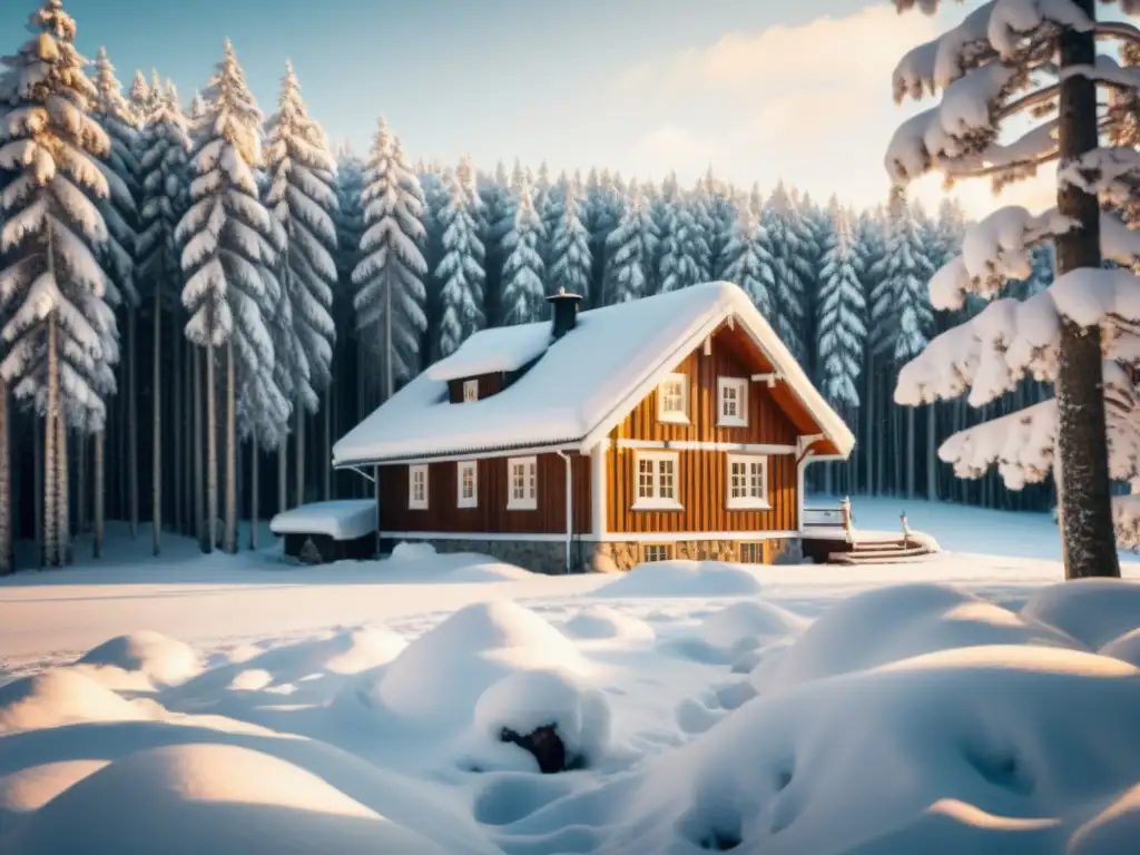 Foto de una casa escandinava de madera con patrones nórdicos en un bosque nevado, reflejando el arte contemporáneo